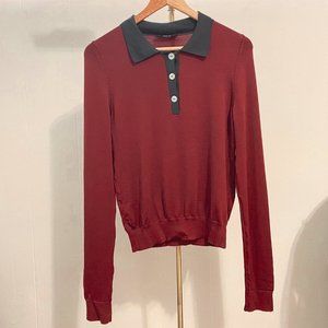 ZARA Knit Burgundy Navy Collared Button-Up Long Sleeve Polo Shirt | Size Medium